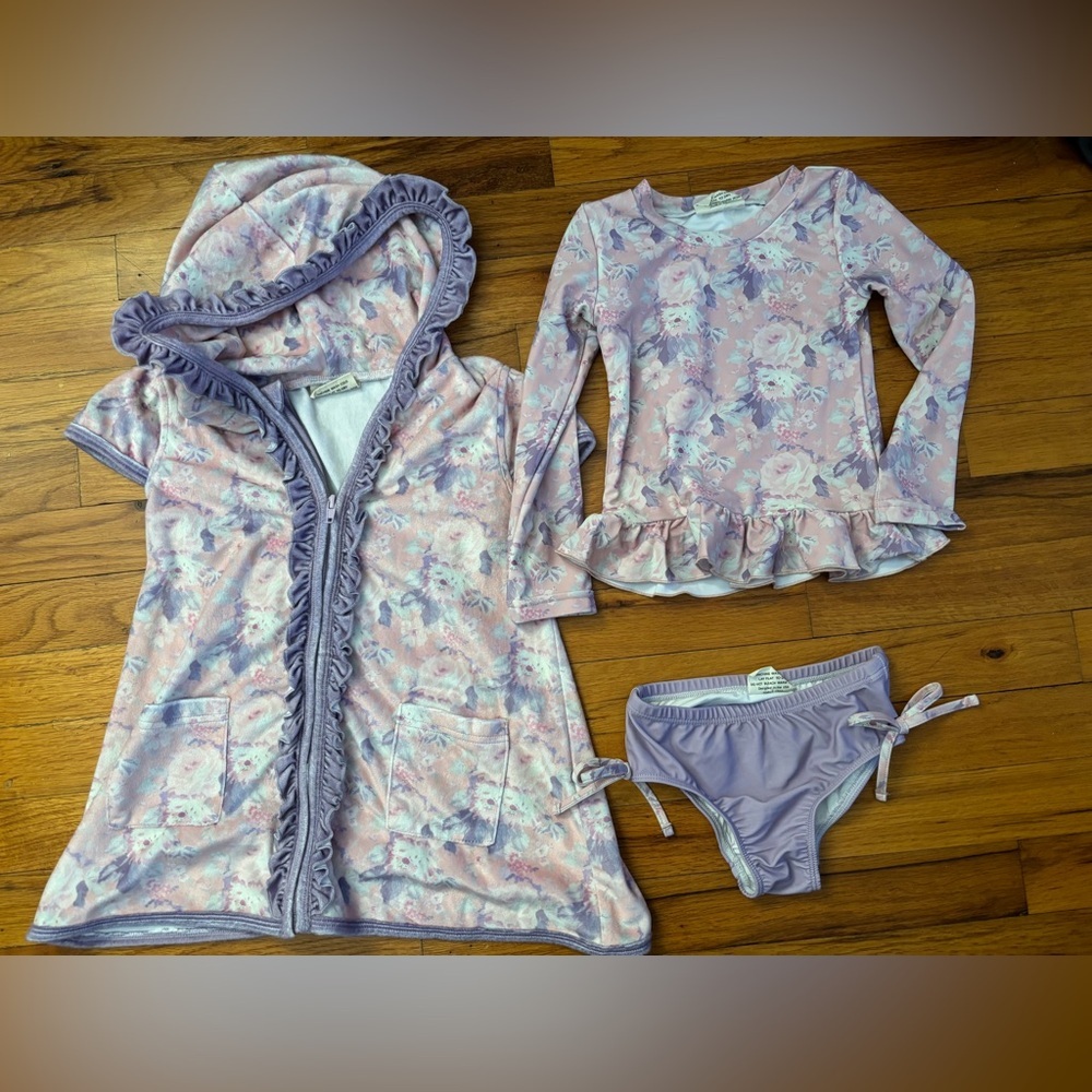 Eliza Grace Clothing Kids Lavender Floral 2 Piece Swim Set with Hooded Cover-Up